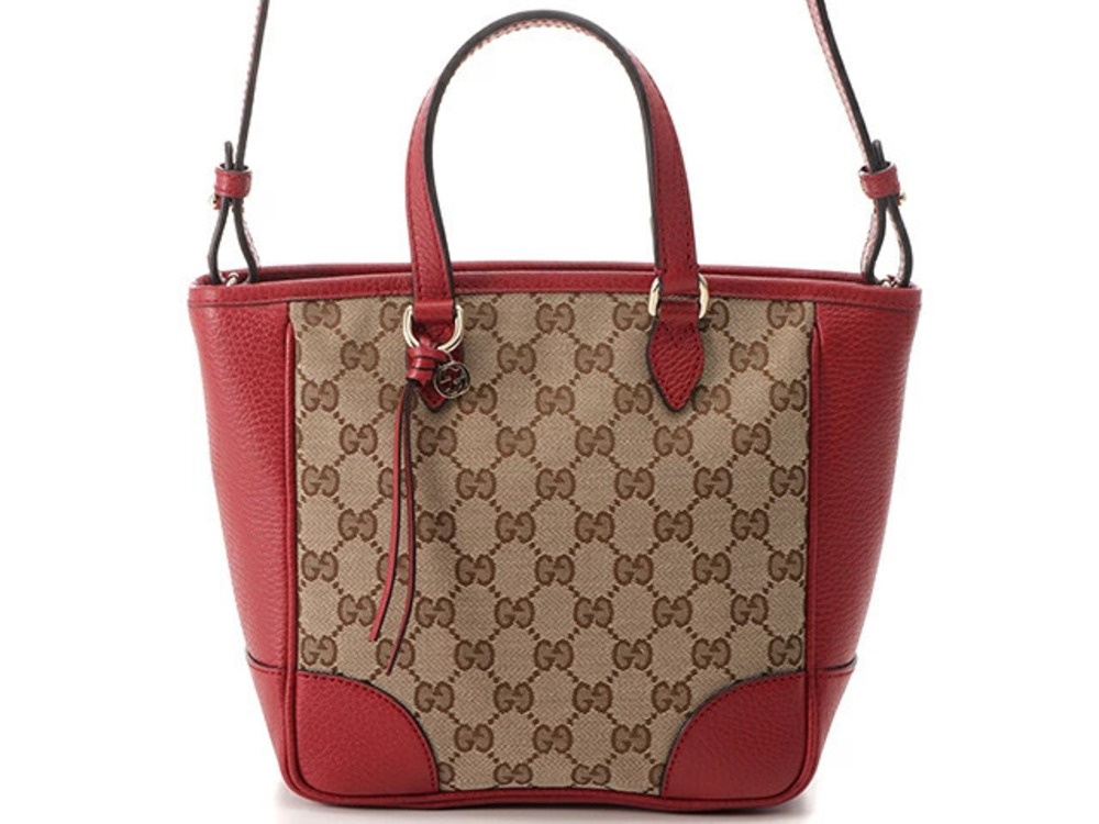 Gucci GG Canvas Shoulder Bag Beige Cream Red Leather